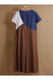 Brown Plus Round Neck Patchwork Summer Casual Trendy Short Sleeves Maxi Dress