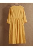 Yellow Women V-neck Solid Summer Casual 3/4 Sleeves Midi Dress