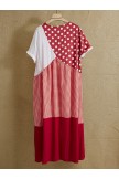 Red-white Round Neck Polka Dot Print Patchwork Casual Holiday Short CottonBlend Sleeves Maxi Dress