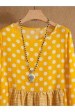 Yellow Casual Round Neck Polka Dot Print Patchwork Casual Holiday Long Sleeves Maxi Dress