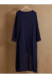 Navy O-neck Plaid Vintage Summer Casual Basic Long Sleeves High Low Dress