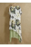 Green Round Neck Floral Print Casual Short Sleeves Loose Maxi Dress