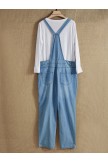 Blue Denim Plain with Pockets Casual Ripped Jumpsuit