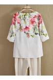 Casual White Round Neck Printed Long Sleeves Shirt 