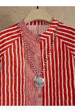 Vintage Striped Red Patchwork Pocket High Low Long Sleeve Plus Size Shirt 