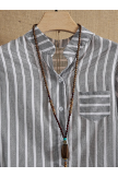 Light Gray V-neck Stripe Print Casual Loose Tunic Long Sleeve Blouse 