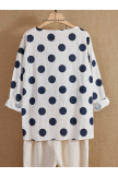 White Buttoned Long Sleeve O-neck Polka Casual Blouse