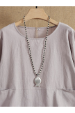 Casual Gray Crew Neck Solid with Pockets 3/4 Sleeve Casual Blouse 