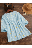Blue Short Sleeves Crew Neck Floral Shift Casual Blouse