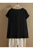 Women Black Round Neck Short Sleeve Solid Pockets Cotton Casual Shirts 