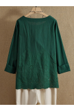 Hollow Dark Green Long Sleeve Embroidered Oneck Vintage Blouse 