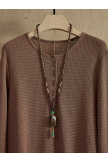 Khaki Round Neck Buttoned Casual Long Sleeve Shirts & Tops