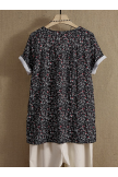 Black V-neck Print Floral Short Sleeve Shirt & Tops 