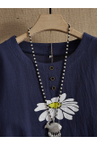 Casual Navy Blue Round Floral Print Short Sleeve Shirts & Tops