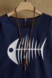 Navy O-neck Print Fish Bone Casual Short Sleeve Cute TShirt