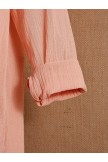 Casual Paneled Pink Stand Collar Linen Long Sleeve Plus Size Shirt
