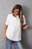 Women's Cotton Solid Color Buttons Casual Stand Collar Short Sleeves White Blouse