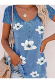 Floral Casual Crew Neck Loosen Buttoned Short Sleeve TShirt