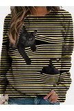 Cat Print Long Sleeve Black Striped Plus Size Tshirt