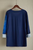 Blue Fashion Vneck Oversized Printed Long Sleeve T-shirt With Contrasting Colors
