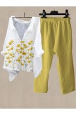 Women's Yellow Flower Print Shirt Collar Top And Casual Pants Linen Two Pieces