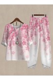 Pink Cherry Blossom Print Top And Pants Twopiece Suits