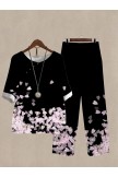 Women's Sakura Print Half Sleeve Top And Casual Pants Linen Two Pieces
