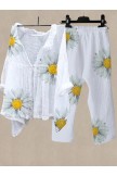Women's Sunflower Print Shirt Collar Top And Casual Pants Linen Two Pieces
