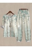 Women's Leaves Print Half Sleeve Top And Casual Pants Linen Two Pieces