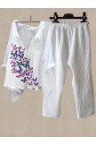 Women's Butterflies Print Shirt Collar Top And Casual Pants Linen Two Pieces